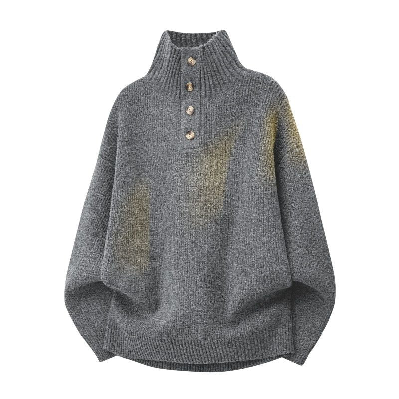 Women's Oversize Chunky Knit Sweater with Button Placket at the Stand-Up Collar and Raglan Sleeves Mune Fashion