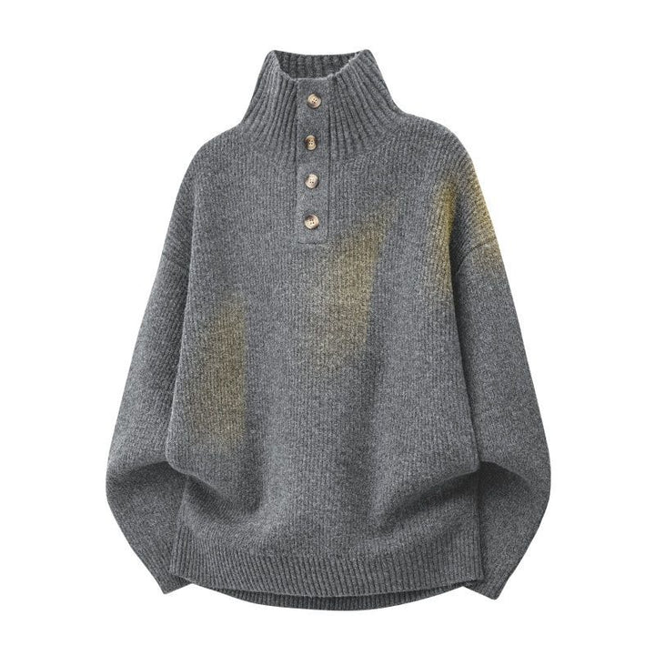 Women's Oversize Chunky Knit Sweater with Button Placket at the Stand-Up Collar and Raglan Sleeves Mune Fashion