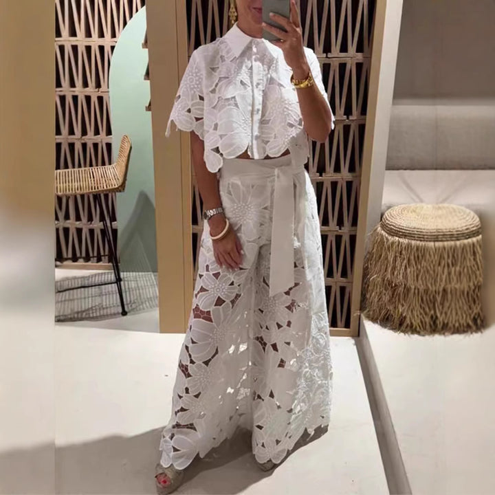 Ladies two-piece lace ensemble with crop top and wide palazzo pants Mune Fashion