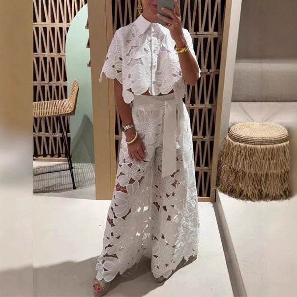 Women's two-piece lace embroidery set with short blouse and maxi skirt with tie belt Mune Fashion