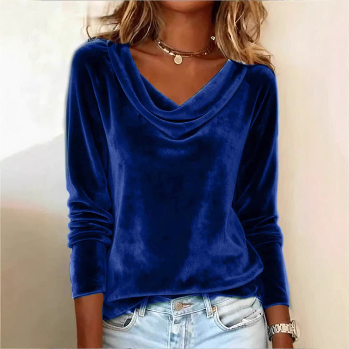 Women Velvet Long Sleeve with Waterfall Collar and Casual Cut Mune Fashion