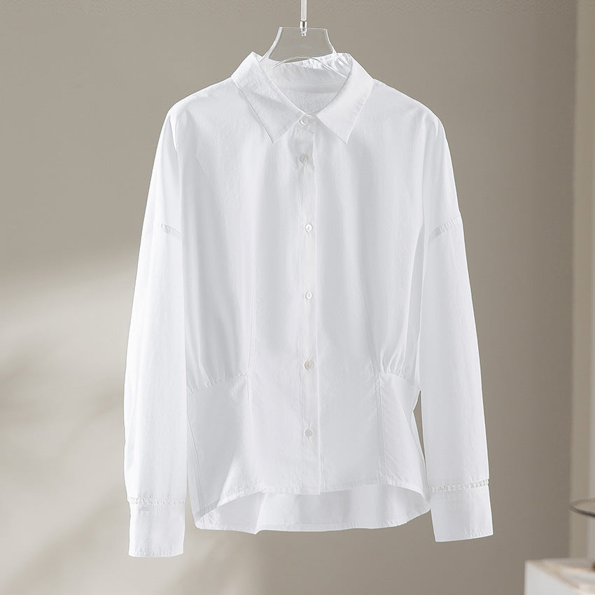 Women’s loose-fitting cotton blouse with gathering details and shirt collar Mune Fashion