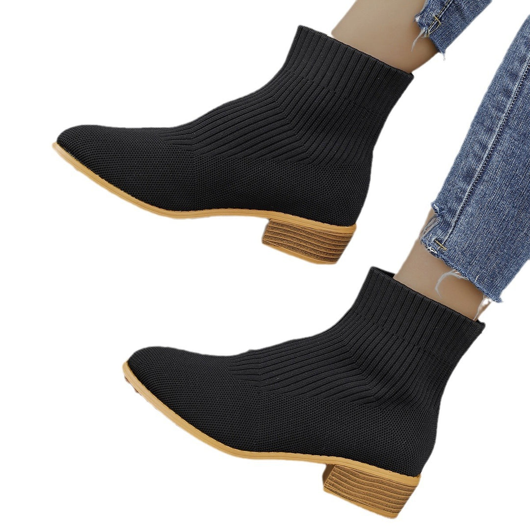 Women's knitted sock ankle boots with elastic shaft and low wooden block heel Mune Fashion