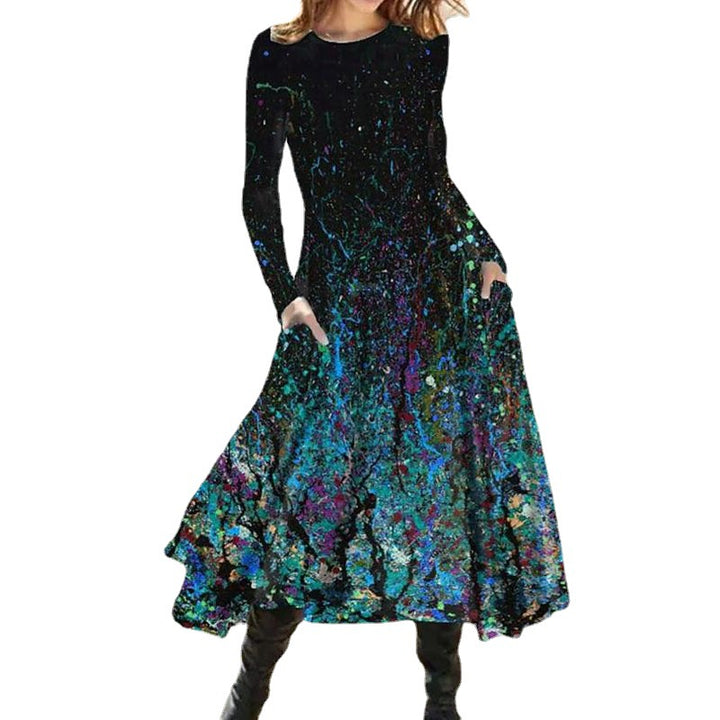 Women's A-line midi dress with abstract spray pattern, round neckline, long sleeves and side pockets Mune Fashion