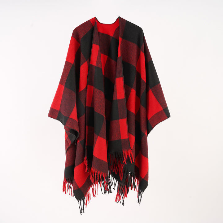 Women's Rectangle Poncho in Ruana Style made of Wool Blend with Large Checks and Fringed Hem Mune Fashion