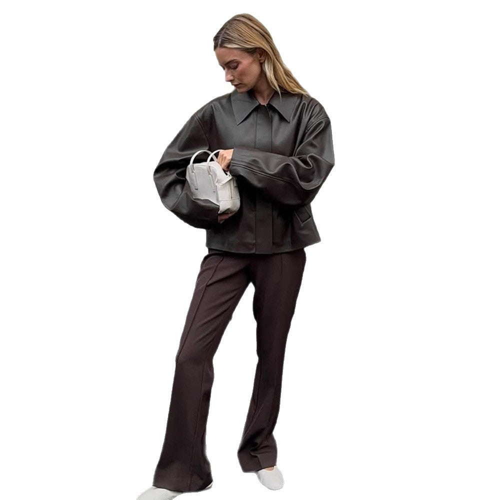 Ladies Cropped Boxy Jacket made of faux leather with oversized collar and concealed zipper placket Mune Fashion