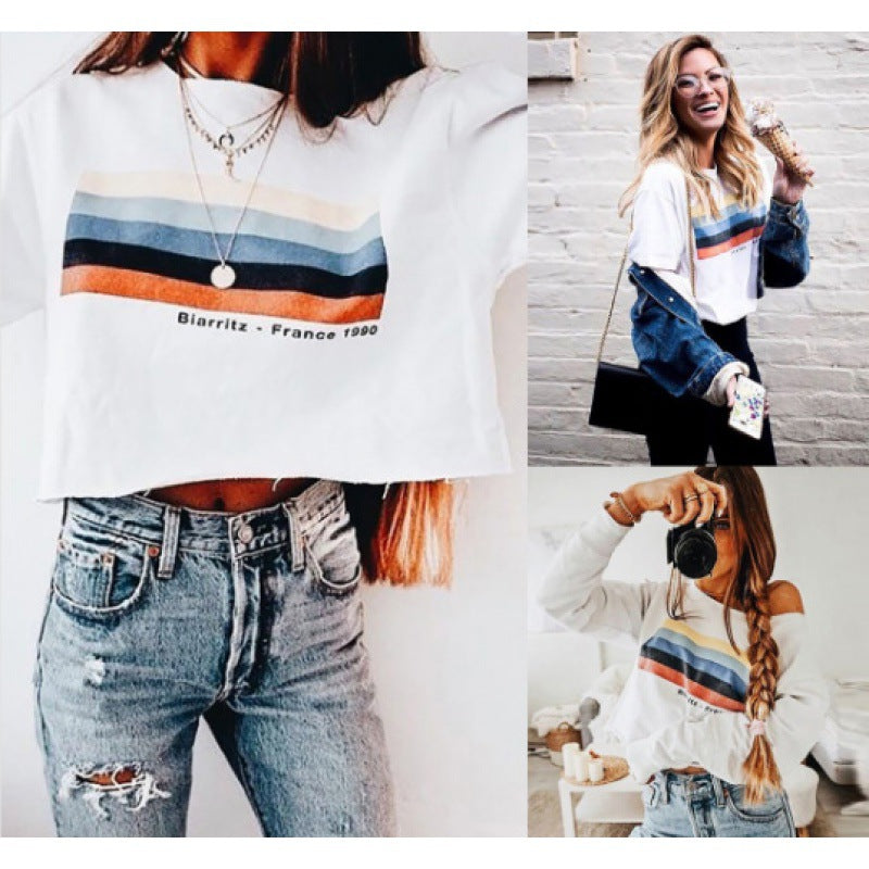 Women's Off-Shoulder Sweatshirt with Retro Band Print and Loose Cropped Fit Mune Fashion