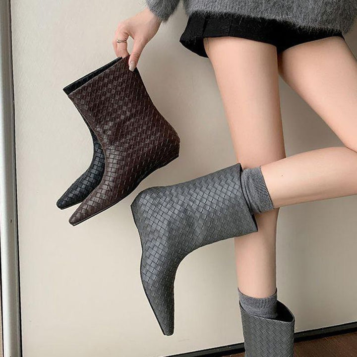 Women's Braided Leather Look Mid-Calf Ankle Boots with Pointed Toe and Flat Heel Mune Fashion