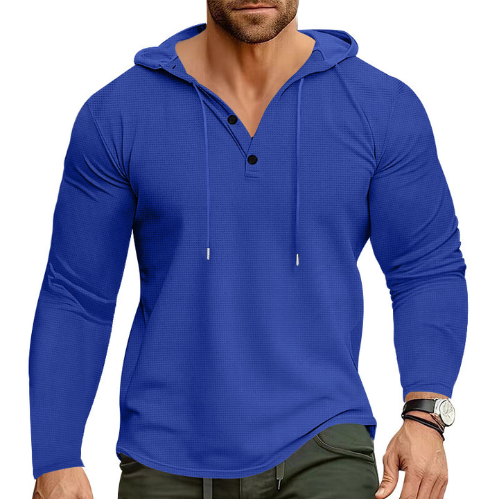 Men's body-hugging waffle texture Henley hoodie with half button placket and drawstring Mune Fashion