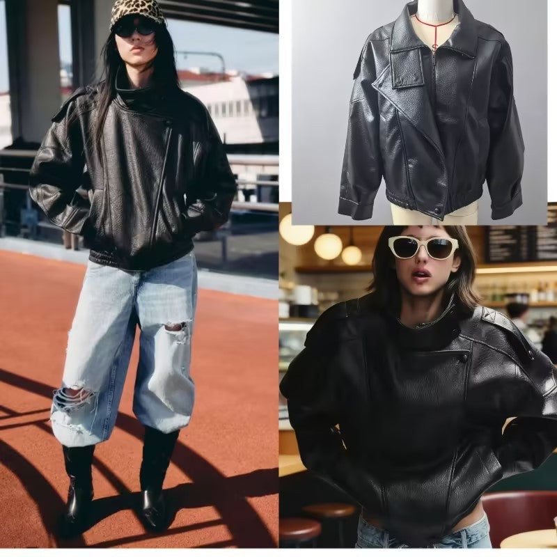 Women Oversized Faux Leather Biker Jacket with Asymmetric Lapel, Stand Collar, and Waist Drawstring Mune Fashion