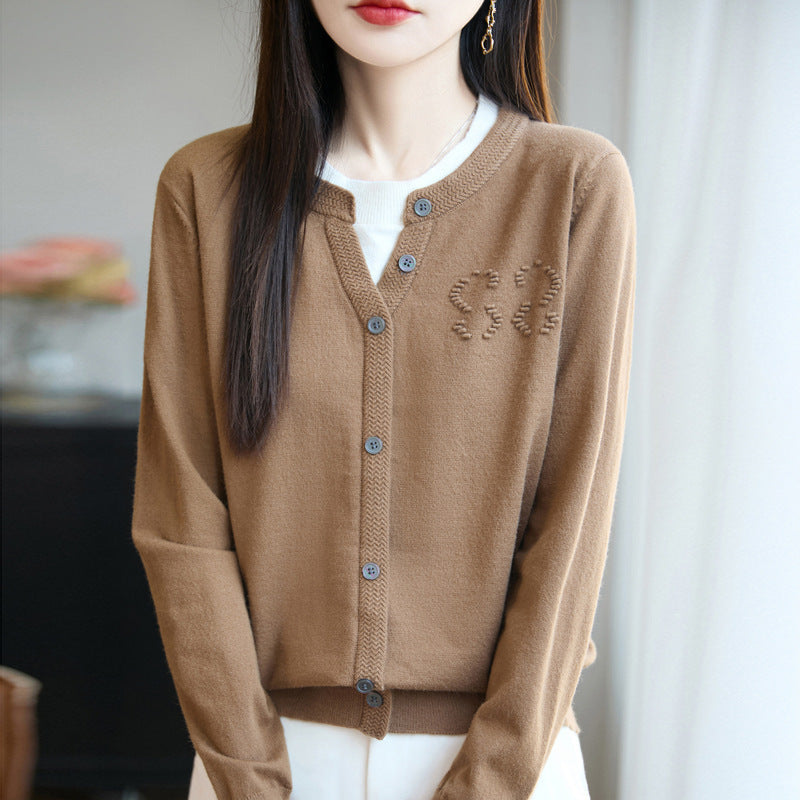 Women's Short Fine Knit Cardigan with V-slit Collar, Ribbed Trim and Subtle Structured Logo Mune Fashion