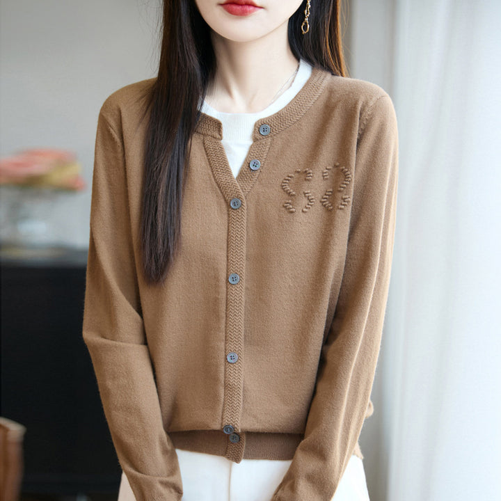 Women's Short Fine Knit Cardigan with V-slit Collar, Ribbed Trim and Subtle Structured Logo Mune Fashion