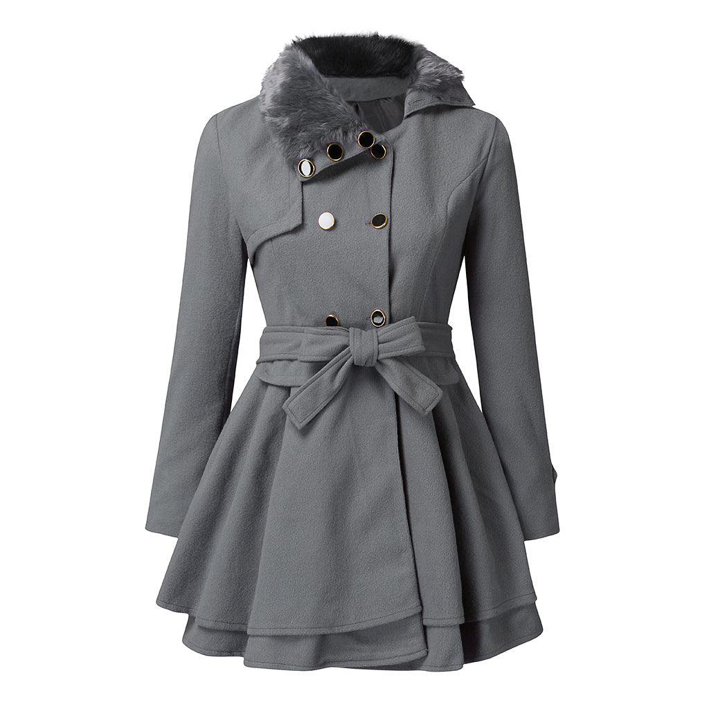 Women's Tailored Wool Mix Coat with Flared Skirt and Faux Fur Collar Mune Fashion