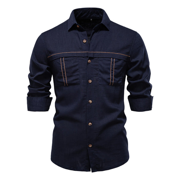 Men's Workshirt in Denim Look with Double Chest Pockets and Contrast Stitching Mune Fashion
