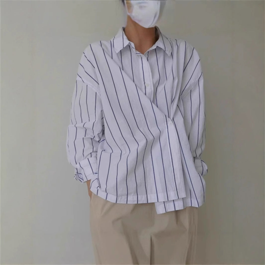 Women's oversized boxy shirt blouse made of linen-cotton blend with vertical pinstripe look and casual silhouette Mune Fashion