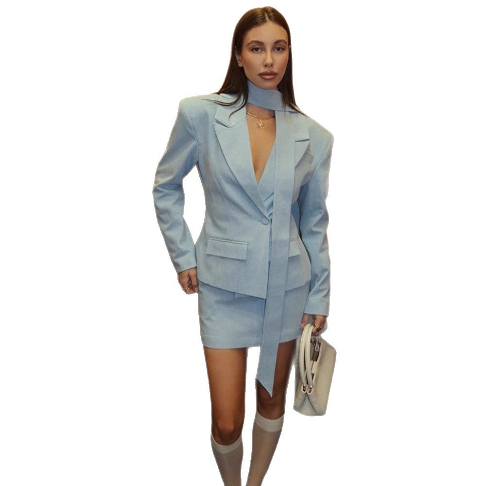 Women Tailored Blazer Mini Skirt Set with Tied Scarf, One-Button Jacket and Figure-Hugging Silhouette Mune Fashion