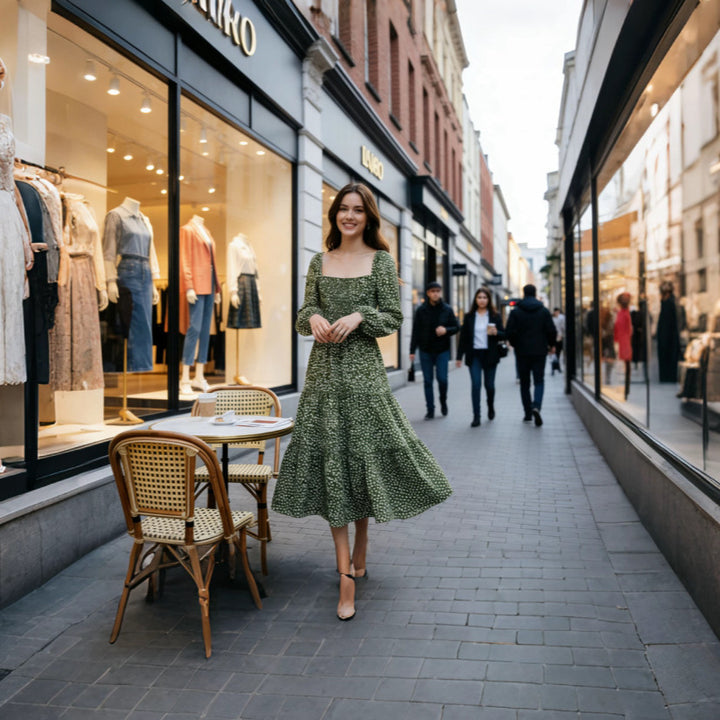 Women’s midi dress with square neckline, gathered back and tiered skirt Mune Fashion