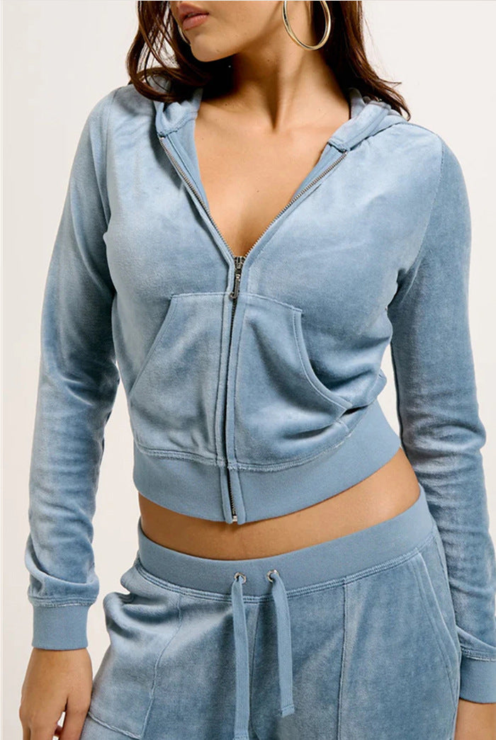 Women's Velvet Cropped Zip Jacket with Kangaroo Pocket and High-Cut Cuffed Pants Mune Fashion