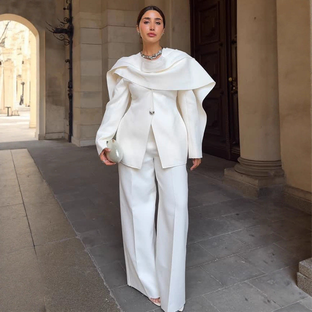 Women's Tailored Blazer with Overlapping Cape Collar Mune Fashion