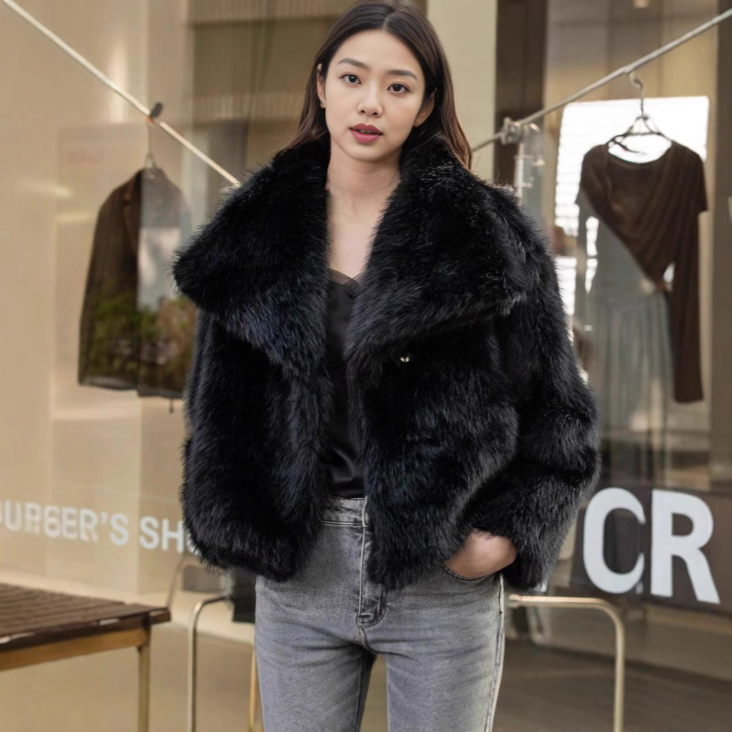 Women Short Faux Fur Jacket with Voluminous Shawl Collar Mune Fashion