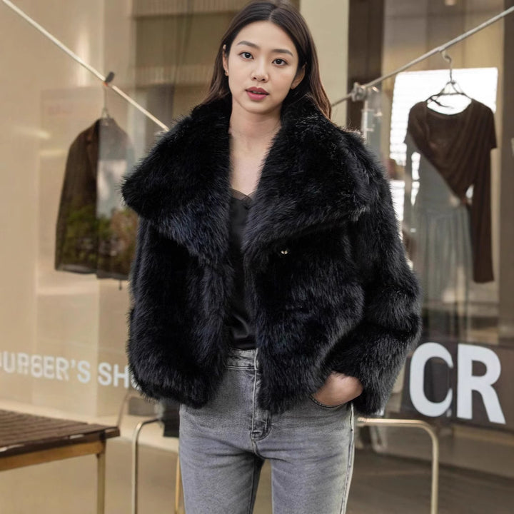 Women Short Faux Fur Jacket with Voluminous Shawl Collar Mune Fashion