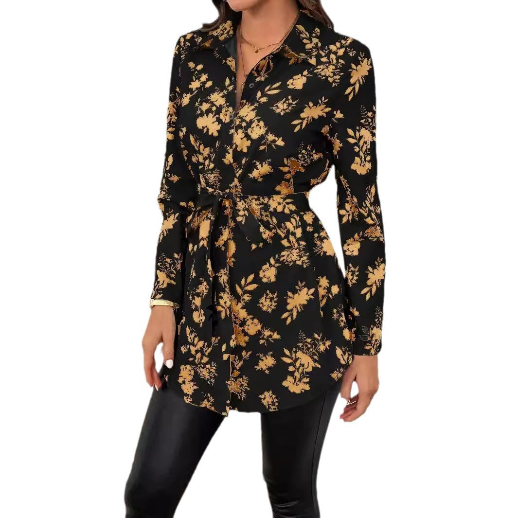 Women's loose shirt blouse tunic with floral all-over print, tie belt and rolled-up sleeves Mune Fashion