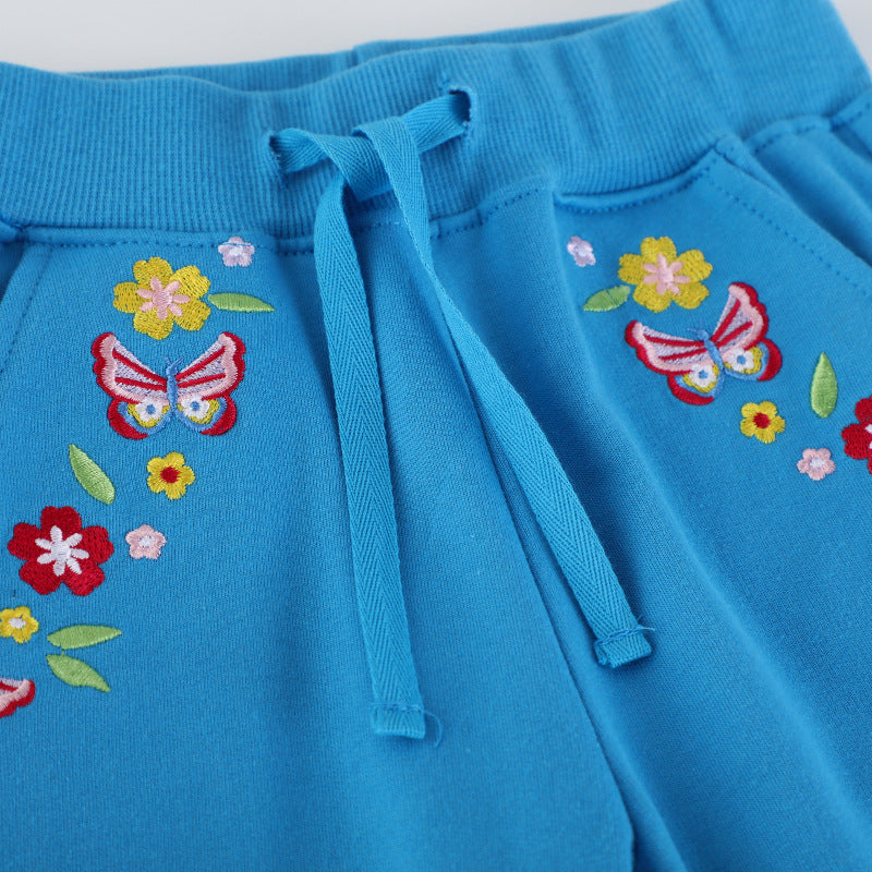 Girls jogging pants with colorful flower and butterfly embroidery Mune Fashion