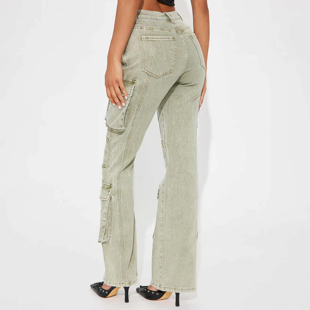 Women's High-Waist Cargo Denim Pants with Wide Leg, Multiple Pockets and Used Details Mune Fashion