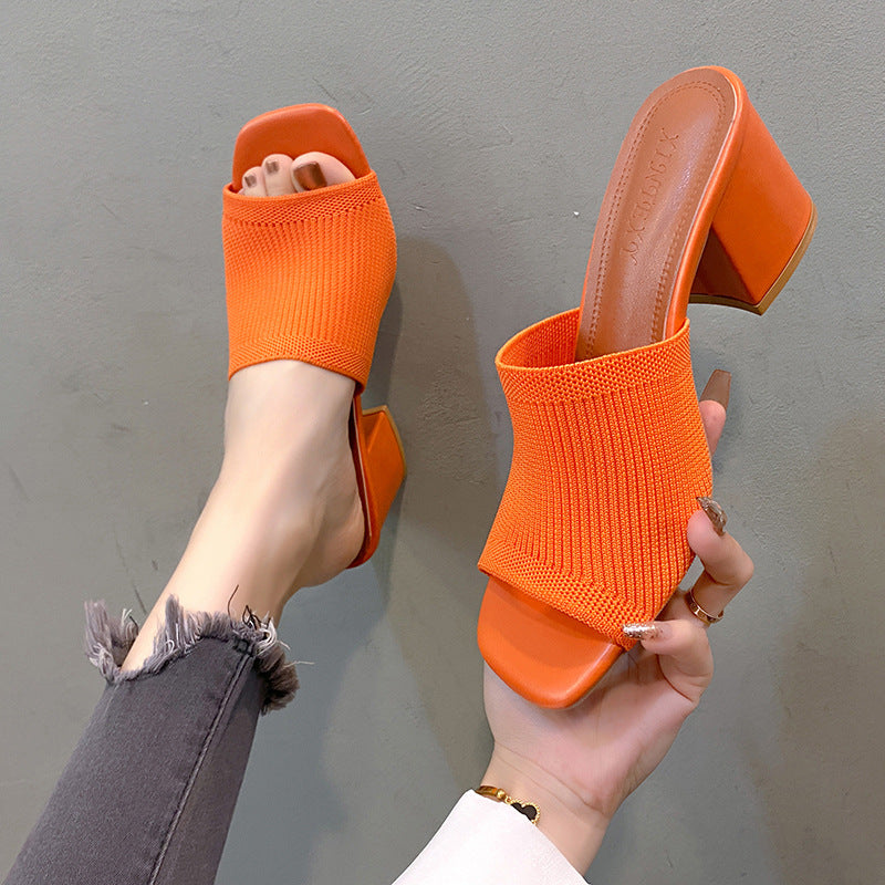Women's knit mule with open toe area and medium high block heel Mune Fashion