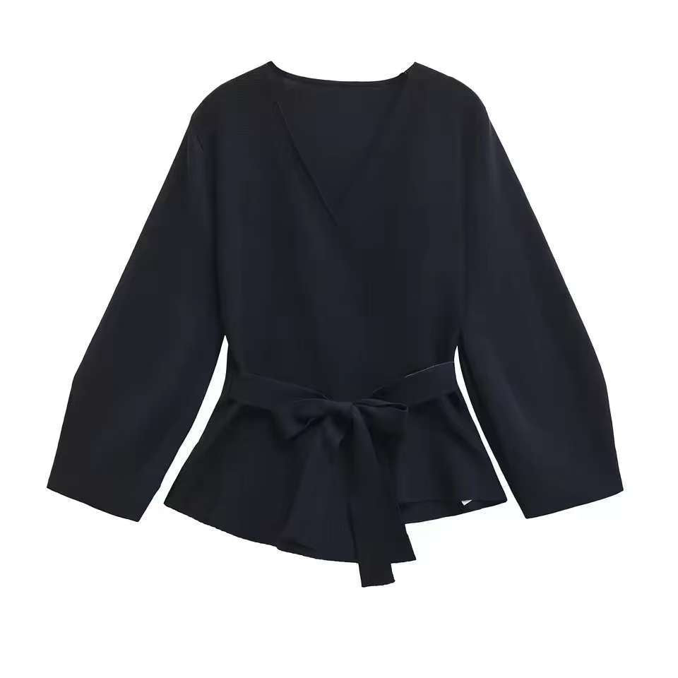 Women Tailored Blouse with Wrap Belt and Peplum Drune