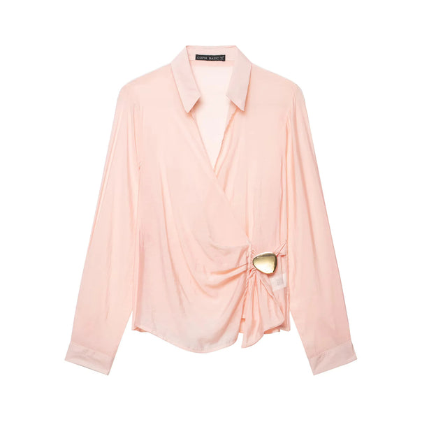 Women’s wrap blouse with shirt collar, flowing draping and decorative heart clasp Mune Fashion