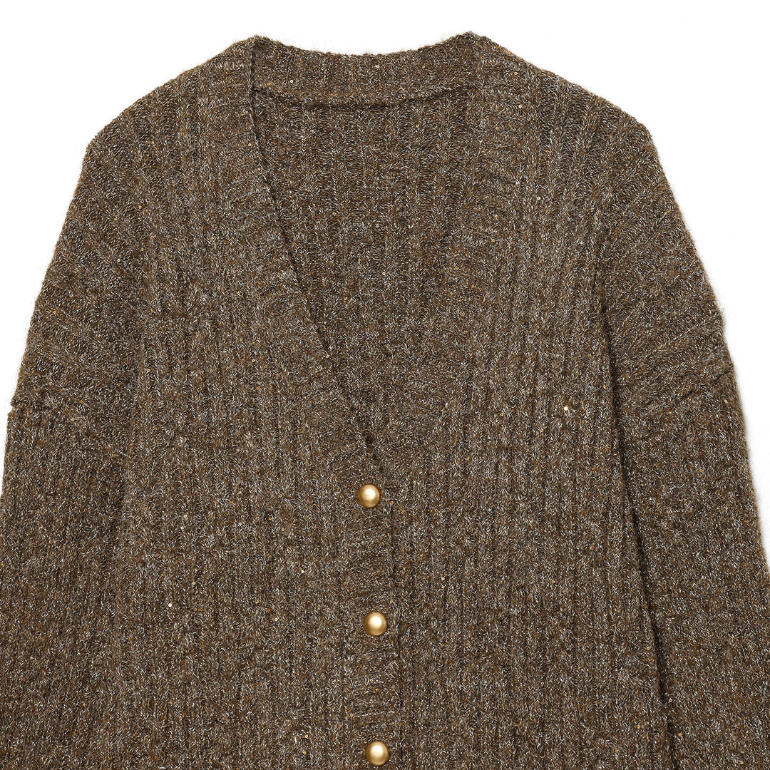 Women's Chunky Knit Cardigan with V-Neck and Golden Decorative Buttons Mune Fashion