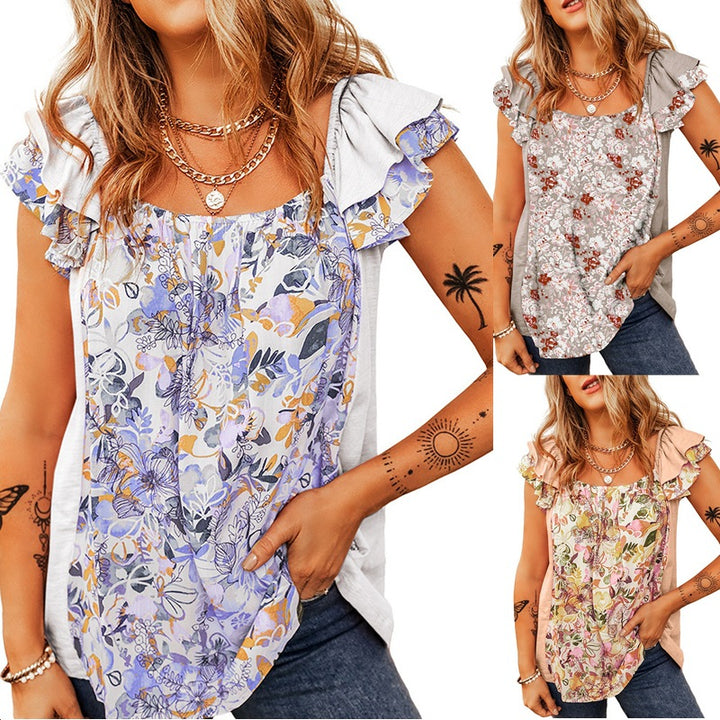 Women Sleeveless Floral Print Top with Ruffled Shoulders and Loose Fit Mune Fashion