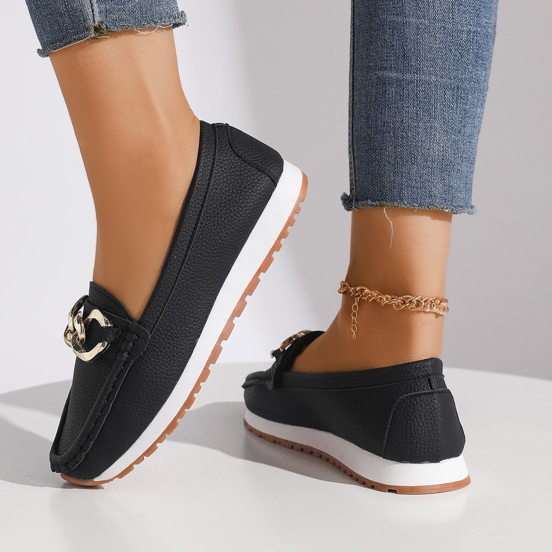 Women's Fashion Moccasin Slippers with Golden Chain and Profilated Rubber Sole Mune Fashion