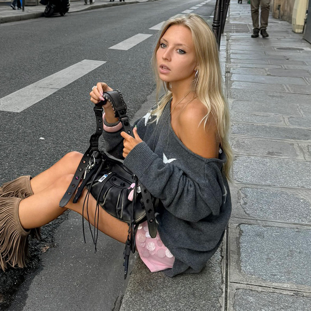 Women Off-Shoulder Oversized Knit Sweater with Star Pattern and Ribbed Hem Mune Fashion