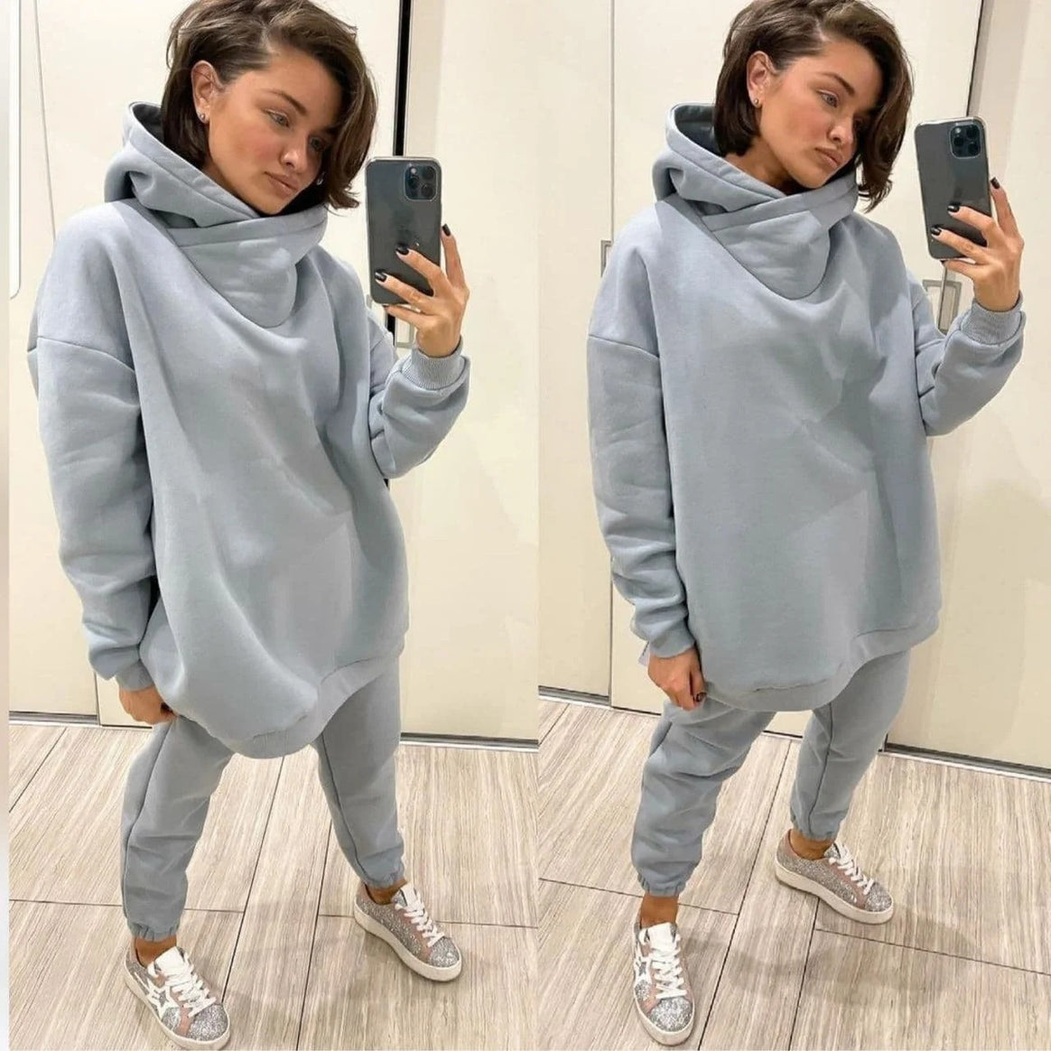 Women's Oversize Hoodie Set with Funnel Neck and Thermally Lined Jogging Pants Mune Fashion