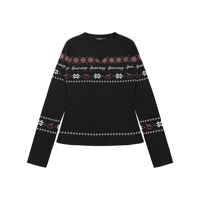 Women's Long Sleeve Shirt with V-Neck and Scandinavian Norwegian Print made of Cotton Blend Mune Fashion