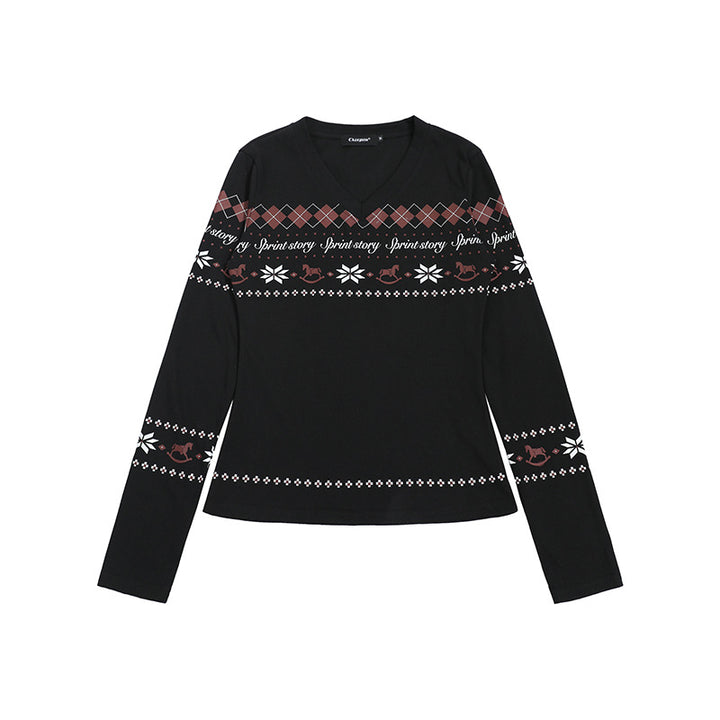 Women's Long Sleeve Shirt with V-Neck and Scandinavian Norwegian Print made of Cotton Blend Mune Fashion