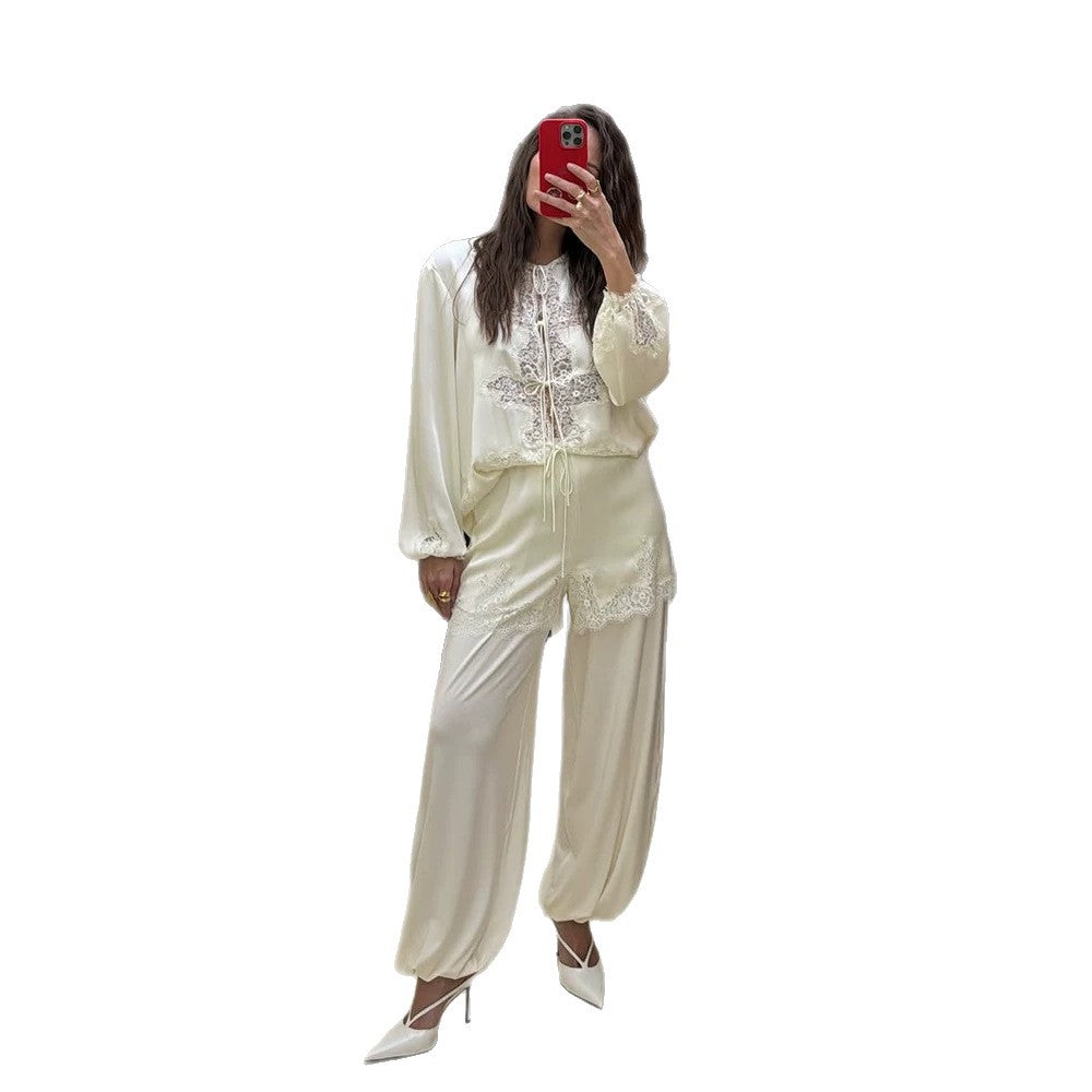 Women's Satin Loungewear Set with Lace Trim, Drawstring Top and Ballooned Palazzo Pants Mune Fashion