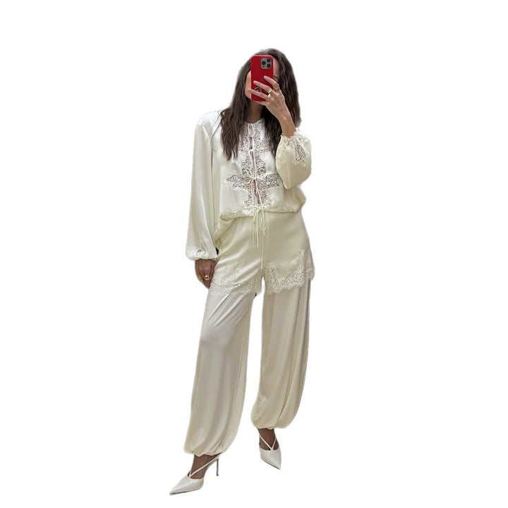 Women's Satin Loungewear Set with Lace Trim, Drawstring Top and Ballooned Palazzo Pants Mune Fashion