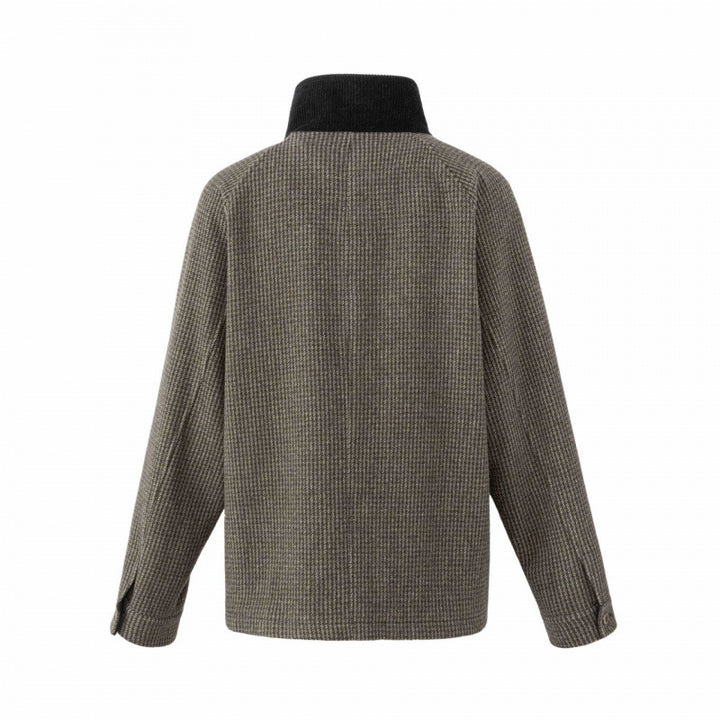 Men's Double-Breasted Wool Mix Field Jacket in Houndstooth with Corduroy Collar and Flap Pockets Mune Fashion
