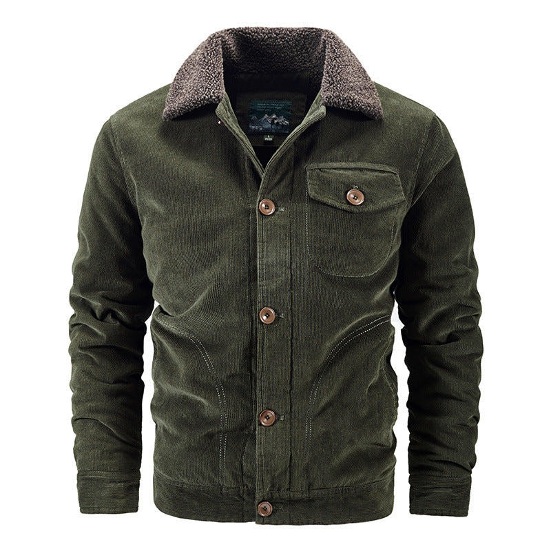 Men's cord trucker jacket with warming Sherpa collar and wooden button front Mune Fashion