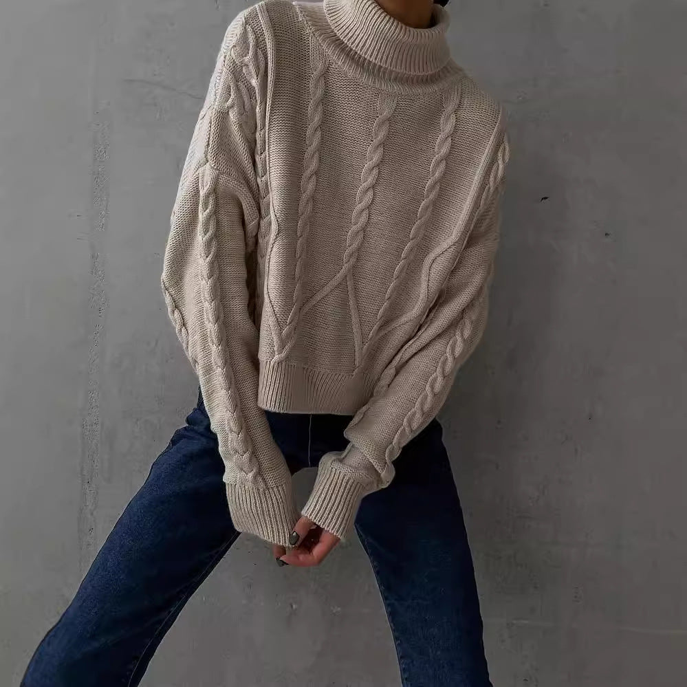 Womens chunky knit turtleneck sweater with cable knit details Mune Fashion