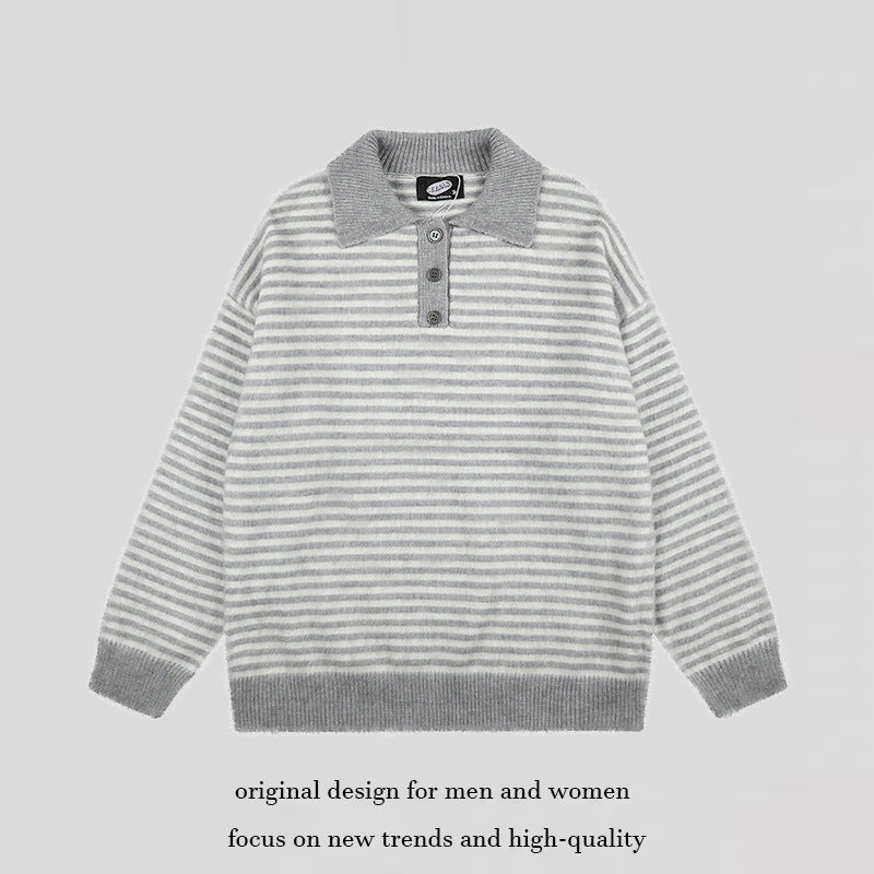 Women's Fluffy Knit Polo with Stripes, Contrasting Collar and Button Placket Mune Fashion