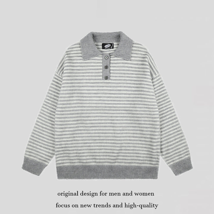 Women's Fluffy Knit Polo with Stripes, Contrasting Collar and Button Placket Mune Fashion