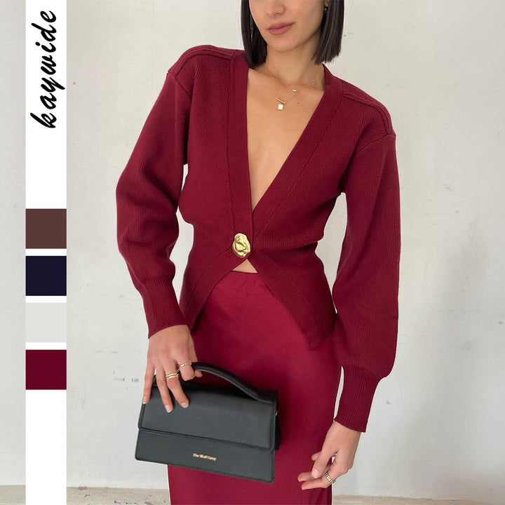 Women's tailored short cardigan with deep V-neck and decorative button Mune Fashion
