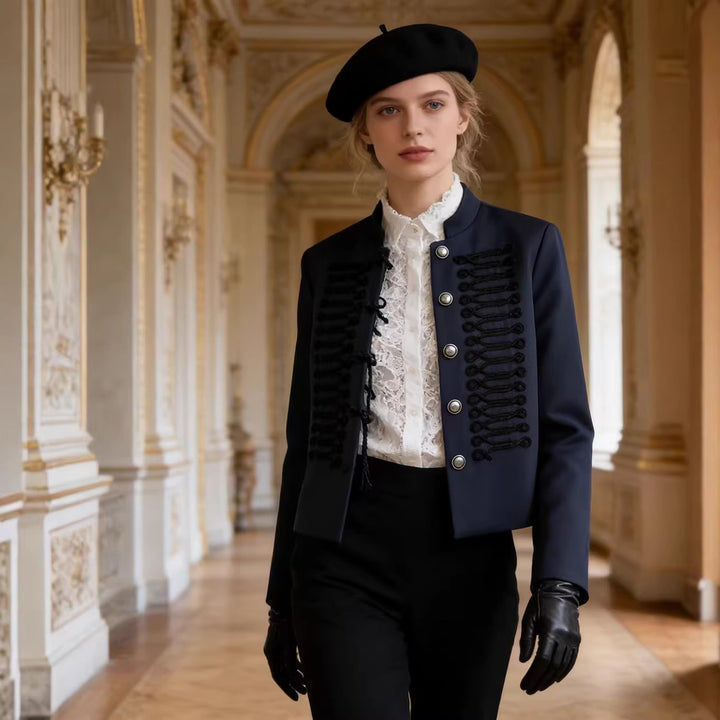 Women’s short military-style jacket with stand-up collar, decorative cord trimming, and decorative buttons Mune Fashion