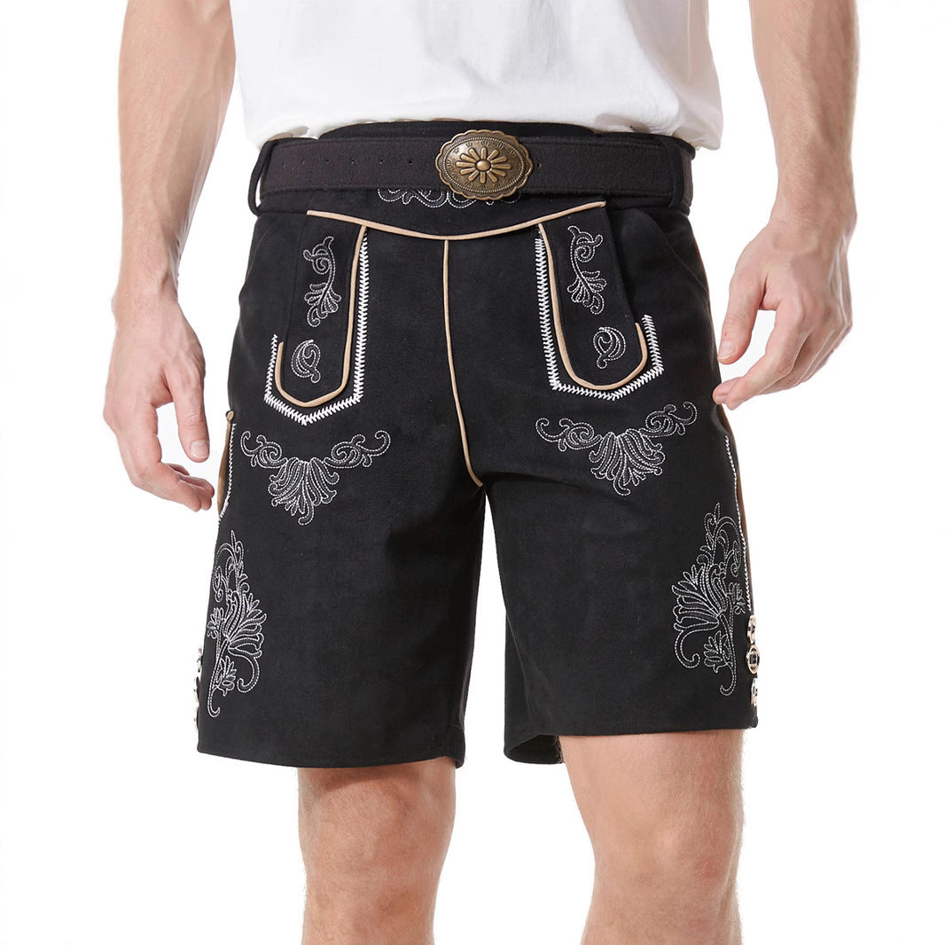 Men's short traditional leather trousers with intricate embroidery and decorative buckle Mune Fashion