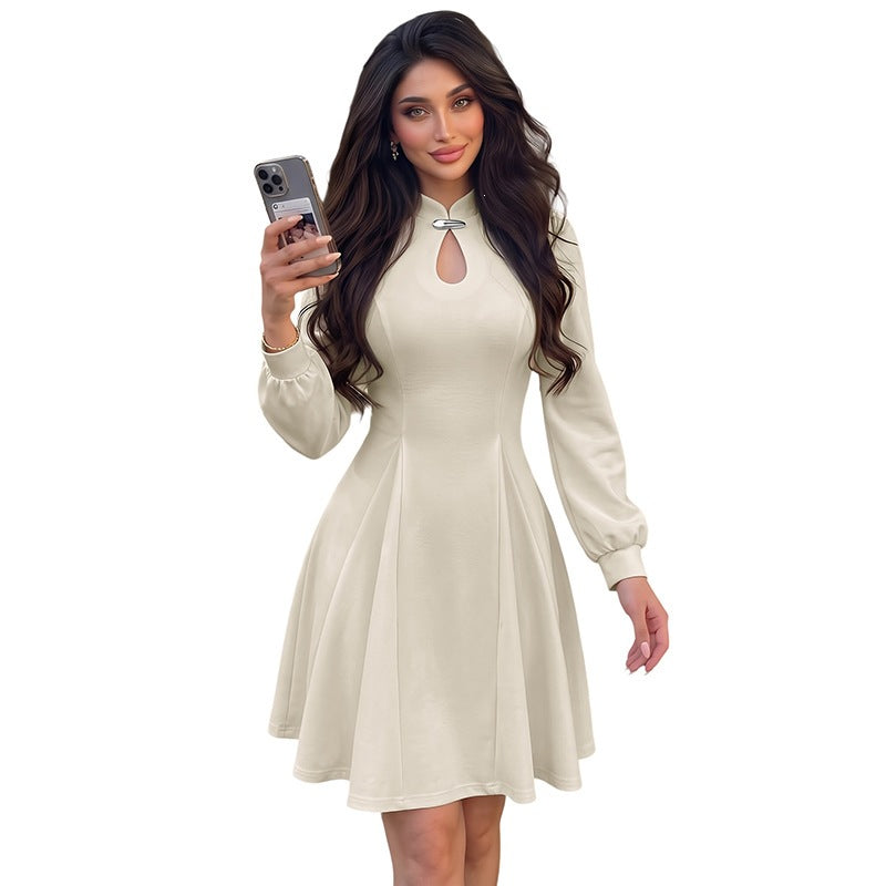Women's elegant fitted skater dress with stand-up collar, keyhole detail & long balloon sleeves Mune Fashion