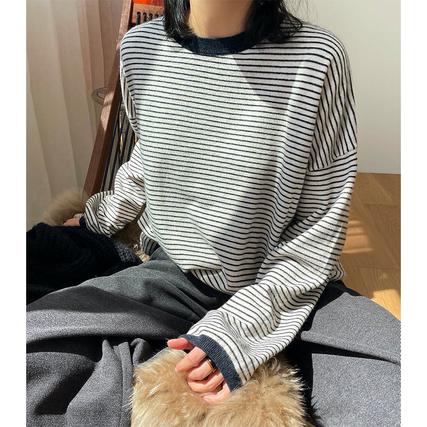 Women's Striped Fine Knit Sweater with Dropped Shoulder and Ribbed Collar Mune Fashion